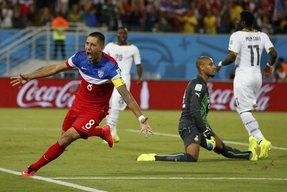 Clint Dempsey of the U.S. celebrates after scoring their first goal during their 2014 World Cup Group G soccer match against Ghana at the Dunas arena in Natal June 16, 2014.