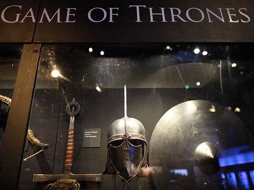 Weapons from the Game of Thrones are on display at the Waterfront Hall, Belfast, Northern Ireland, Tuesday, June 10, 2014. The Game of Thrones Exhibition, on the smash hit TV series, were a collection of nearly 100 original artifacts from pivotal scenes in Seasons 1, 2 and 3 plus select pieces from the fourth season. (AP Photo)