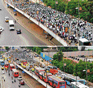 A series of protests caused traffic gridlocks in the City on Monday. (Top and centre) Scenes of the Ananda Rao Circle flyover which was out of bounds for commuters due to the farmers' rally. DH photos