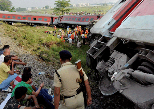 Rescue work in progress after 12 coaches of the Delhi-Dibrugarh Rajdhani Express derailed near Chapra in Bihar on the wee hours of Wednesday.PTI Photo