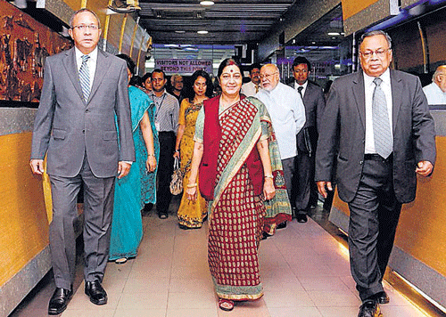 External Affairs Minister Sushma Swaraj is received by her Bangladeshi counterpart A H Mahmood Ali and Indian High Commissioner Pankaj Saran at the Shahjalal International Airport in Dhaka on Wednesday. PTI photo