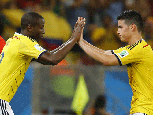 Colombia reached the quarter-finals of the World Cup for the first time after a double from James Rodriguez gave them a 2-0 win over Uruguay in Rio de Janeiro on Saturday. Reuters photo