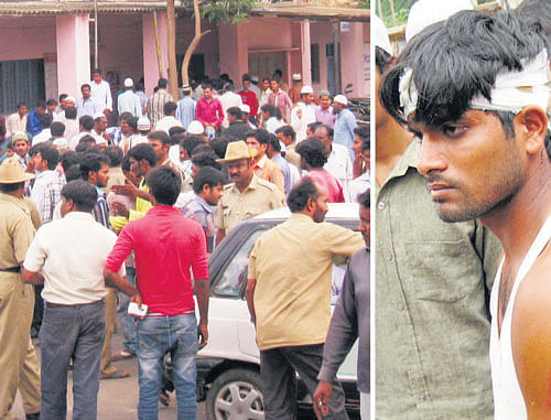 An angry crowd gather outside the KR Puram traffic police station to protest the assault on a youth on Sunday. (Right) Syed Imran, the victim. DH PHOTOs