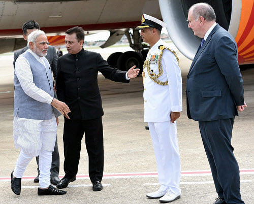 Prime Minister Narendra Modi arrives at Fortaleza in Brazil to attend the 6th BRICS summit on Monday. PTI Photo