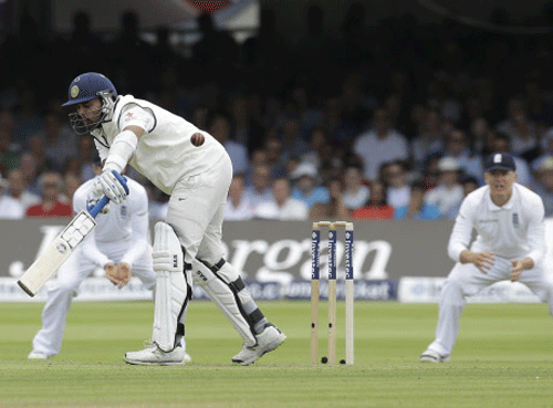 India's Murali Vijay plays a shot off the bowling of England's Ben Stokes during the first day of the second test match between England and India at Lord's cricket ground in London. AP photo