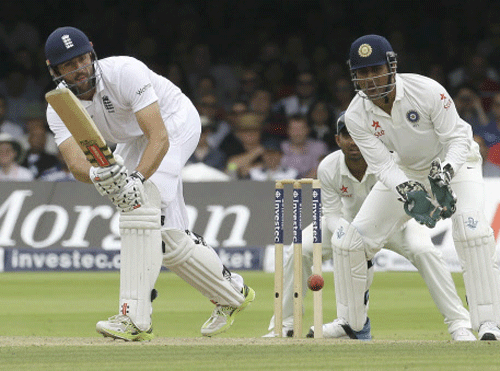 England's Liam Plunkett plays a shot off the bowling of India's Ravindra Jadeja during the third day of the second test match between England and India at Lord's cricket ground in London. AP photo