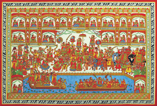 Folk forms (From  left) Pabuji ki phad; 'phad' paintings of Gangaur Festival; a modern 'phad' painting; (down) artist Prakash Joshi at work.