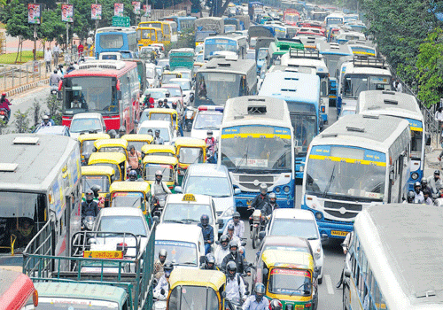 The idea of Bus Rapid Transport System (BRTS) is yet to sink in the City though it has come in handy in tackling traffic chaos Delhi, Ahmedabad and Indore. For representation purpose only. DH photo