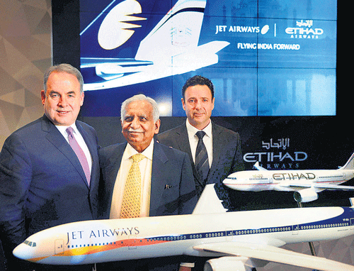 Jet Airways Chairman Naresh Goyal and CEO Cramer Bell along with Etihad Airways President and CEO James Hogan attend the first Etihad Airways-Jet Airways joint press conference in New Delhi to announce Etihad Airways acquiring 24 per cent stake in Jet Airways. PTI Photo