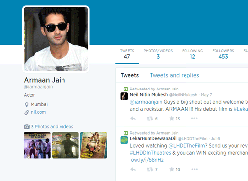 Newcomer Armaan Jain, who is the cousin of Ranbir and Kareena Kapoor, has joined the micro-blogging site Twitter / Screen shot