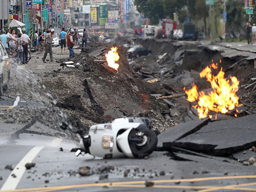 Gas leaks triggered a series of powerful explosions in the southern Taiwanese city of Kaohsiung, killing at least 20 people and injuring up to 270, officials said today, warning that the toll is expected to rise. AP photo