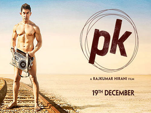 The poster for an upcoming film PK, where Bollywood superstar Aamir Khan stands 'nude' with a strategically placed vintage boom box, has landed the actor in trouble. Movie poster