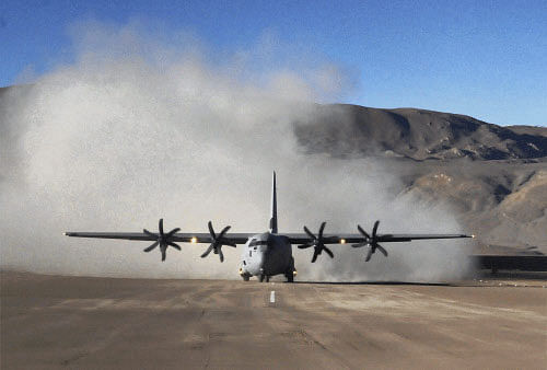 The Indian Air Force deployed its C-130J Super Hercules transport aircraft to transport a team of geologists and disaster management officials to Nepal for clearing the landslide in a river there which is threatening to cause flood in Bihar. File photo - PTI