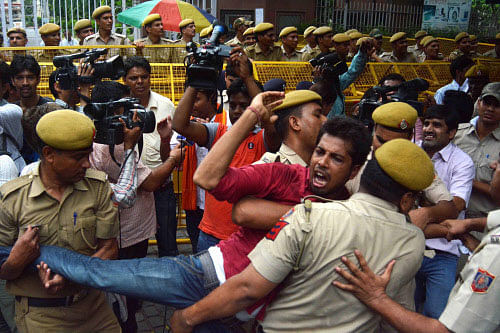 Scores of UPSC aspirants today continued their protest demanding scrapping of CSAT, a day after the government announced that English marks in the test will not be included for gradation or merit in the civil services preliminary examination. PTI photo