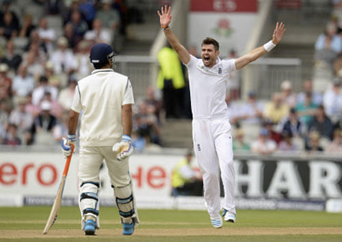 England's James Anderson appeals and dismisses India's Ravindra Jadeja (not in picture) during the fourth cricket test match at the Old Trafford cricket ground in Manchester, England August 7, 2014. REUTERS