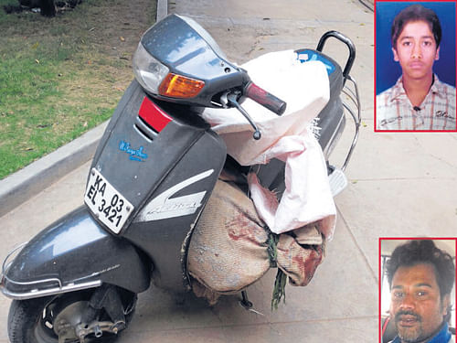 Riyaz Khan (inset bottom) put the body of Sadique (inset top) in a gunny bag and took it on a two-wheeler to K R&#8200;Puram police station in Bangalore on Thursday. DH Photo