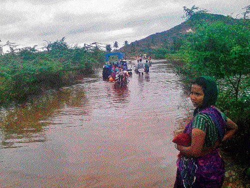 Floods: People wade through the Haluvagilu-Garbagudi Road which is flooded due to heavy discharge of water into Tungabhadra river at Harpanahalli taluk in Davangere district.  (Left) People throng the Amboli Ghat falls cascading through the mountain range in Belgaum district on Thursday.  dh Photos