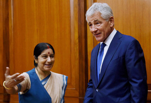US Defence Secretary Chuck Hagel Friday called on Prime Minister Narendra Modi. Hagel, who is here on a three-day visit, called on the prime minister along with members of his delegation. PTI photo
