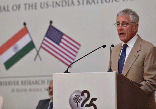 US Defense Secretary Chuck Hagel addresses the silver jubilee function of Observer Research Foundation in New Delhi on Saturday. PTI Photo