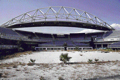 The stadium that hosted the beach volleyball competition lies in an abandoned state. Reuters