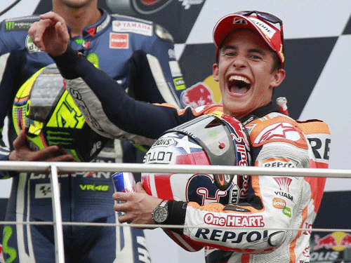 Spaniard Marc Marquez celebrates after winning at Indianapolis on Sunday. Reuters