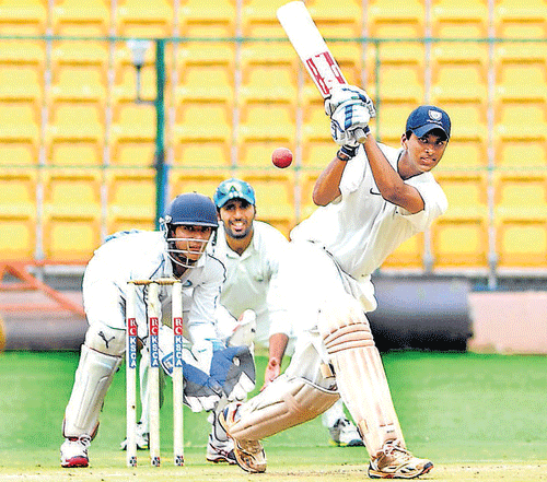 on song National Cricket Academy batsman Washington Sundar en route his unbeaten 152 against Haryana CA at the Chinnaswamy stadium in Bangalore on Tuesday. DH photo