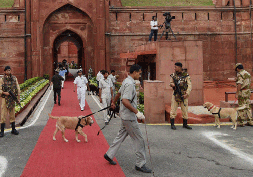 Security personnel during the full dress rehearsal of the 68th Independence Day function at Red Fort in New Delhi. PTI photo