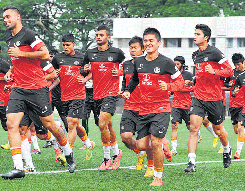 IN&#8200;HIGH&#8200;SPIRITS: The Indian Under-23 side during a training session at the Bangalore Football Stadium on Saturday. They will face their Pakistani counterparts in the first of two-match series on Sunday. dh photo/ kishor kumar bolar