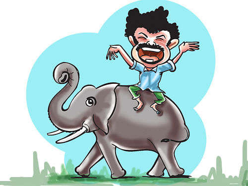 The mahout, identified as Jhurai, who had climbed on to the pachyderm's back last week, had to spend as many as seven days there since the elephant did not sit down on account of the injury. DH illustration by Balaji