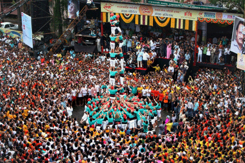 At least 17 people were injured, including one seriously, while forming human pyramids during the 'Dahi Handi' celebrations here today, officials said. PTI photo