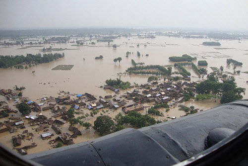 An aerial view of flood affected of Bahraich in Uttar Pradesh on Monday. PTI