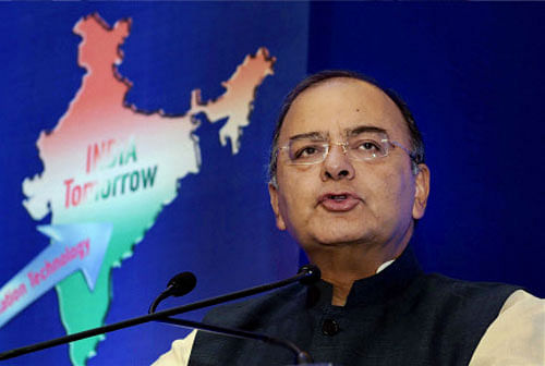 Finance Minister Arun Jaitley addressing the 108th Foundation Day celebration of the Indian Bank in New Delhi on Thursday. PTI Photo