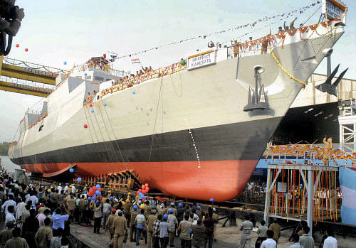 The first indigenously built stealth anti-submarine warfare corvette 'INS Kamorta' was commissioned by Defence Minister Arun Jaitley at the Naval dockyard here today. PTI photo