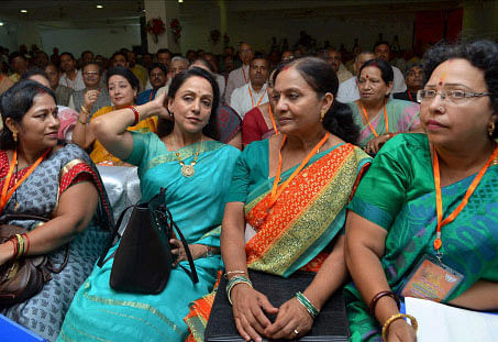 BJP MP Hemamalini along with other party workers attending the party's Working Committee Meeting in Vrindavan, Mathura on Saturday. PTI Photo
