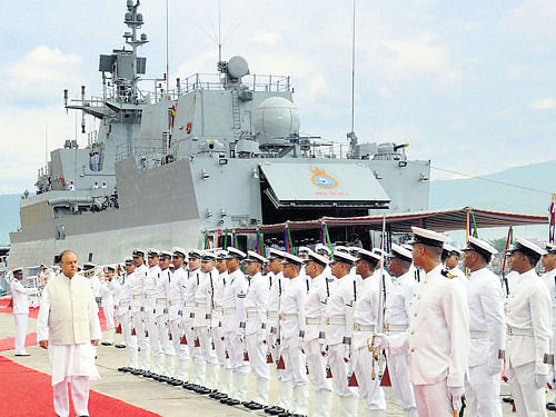 Defence Minister Arun Jaitley inspects a guard of honour during the commissioning of the first indigenously built stealth anti-submarine warfare corvette, the INS Kamorta, at a  ceremony at Visakhapatnam naval dockyard on Saturday. PTI