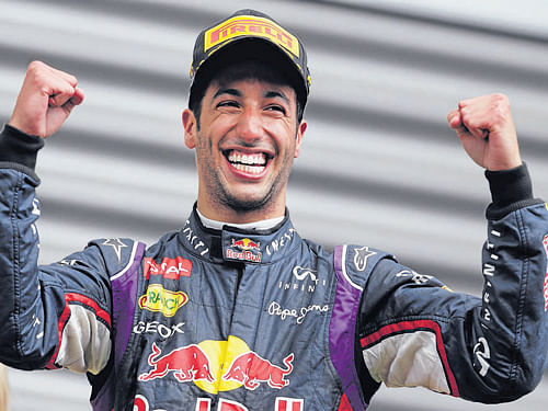 Daniel Ricciardo of Red Bull celebrates after winning the Belgian Grand Prix  at Spa on Sunday. He edged out Nico Rosberg of Mercedes. Reuters
