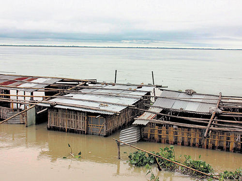 Flood-affected area at Nimati Ghat in Jorhat on Tuesday. PTI