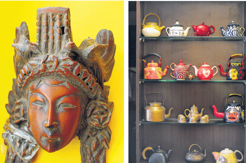 Intricate work: Ashoka's mask made of yak bone from Nepal (left) and a view of the kettles.  DH Photos by BH Shivakumar