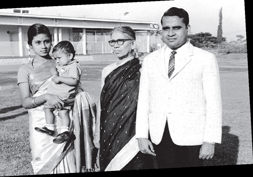 The author with his mother Bhagirathamma, wife Shalini and son Sandeep pose near the Bangalore Airport entrance on September 13, 1974 just before his departure to the US for higher studies.