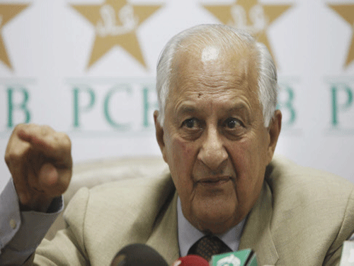 Pakistan Cricket Board Chairman Shaharyar Khan addressing a news conference in Karachi, Pakistan. Khan said Ahmed Shehzad has breached PCB's central contract for making religious comments to Sri Lanka player Tillakaratne Dilshan. AP photo