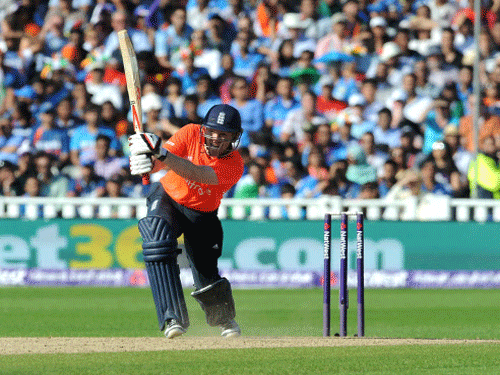 England's Eoin Morgan plays a shot during the International T20 match between England and India at Edgbaston cricket ground, Birmingham, England. AP photo