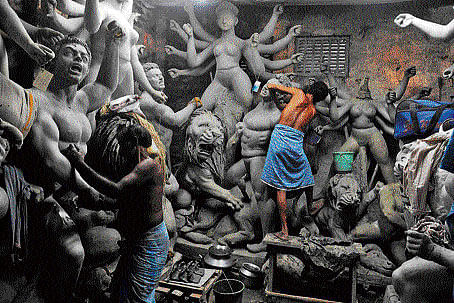 Kumartuli's artisans are hired from  villages in West Bengal as early as spring for the season... Many of them are Muslims too and are good at making the  ornaments for the idols.