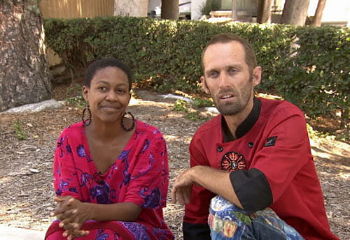 Actress Daniele Watts and Brian Lucas speak during an interview with KABC-TV in Los Angeles, Sunday, Sept. 14, 2014. The Los Angeles Police Department said Sunday that officers detained Watts and her companion last week after a complaint that two people were 'involved in indecent exposure' in a silver Mercedes. Watts was detained until police determined no crime was committed. AP photo