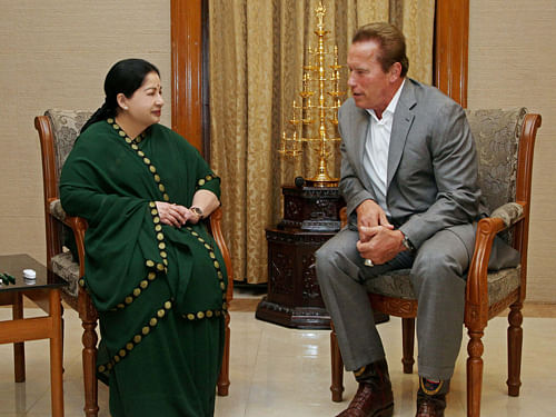 terminator in tn: Hollywood star Arnold Schwarzenegger with Tamil Nadu Chief Minister J Jayalalitha at Secretariat in Chennai on Monday. PTI