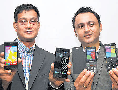 Videocon executives launch the new Infinium smartphone range in Bangalore on Tuesday. DH Photo