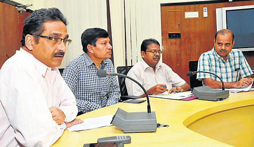 Divisional Railway Manager Rajkumar Lal, along with senior officials, addresses a press meet at his office, in Mysore, on Wednesday. DH Photo