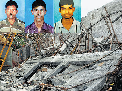 The compound wall of an industrial unit in Bommasandra industrial area that  collapsed, killing three workers Pachu, Sameer and Shankar (inset) on Saturday. DH photo