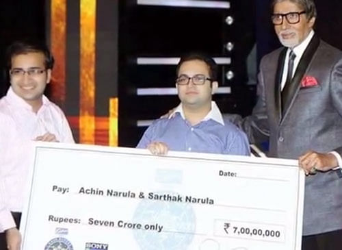The duo - Achin and Sarthak, 24 and 23 respectively - won the mega amount on the Jodi Special episode of the eighth season of the show, hosted by megastar Amitabh Bachchan. Pic:  Screengrab