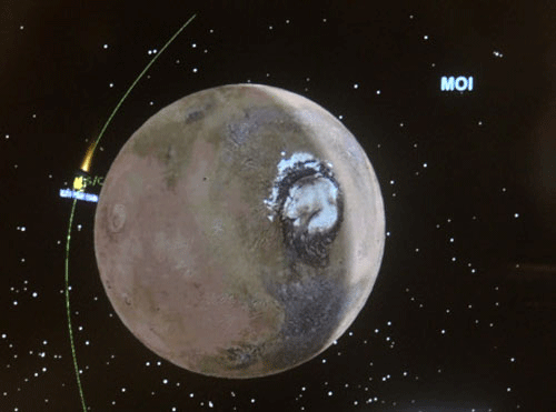 India's maiden Mars mission was on course to reach the Red Planet's orbit on Wednesday that could create history when the spacecraft's main engine was successfully fired today in the first test of its last crucial manoeuvre in search for evidence of life. File photo DH