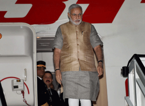 Prime Minister Narendra Modi on his arrival at Frankfurt international airport, Germany during his break journey to United States of America, on Thursday late night. PTI Photo